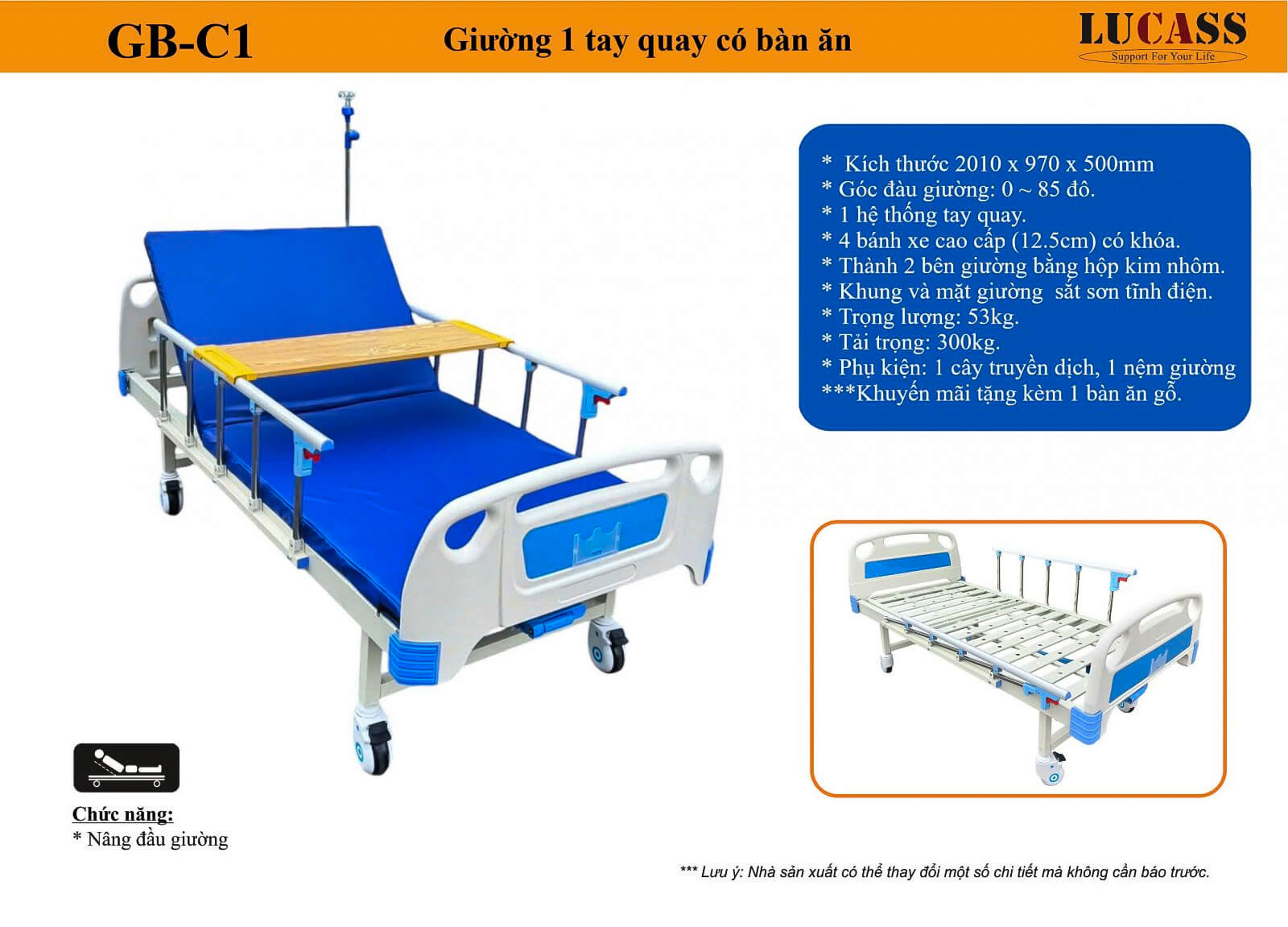 giường y tế 1 tay quay Lucass GB-C1